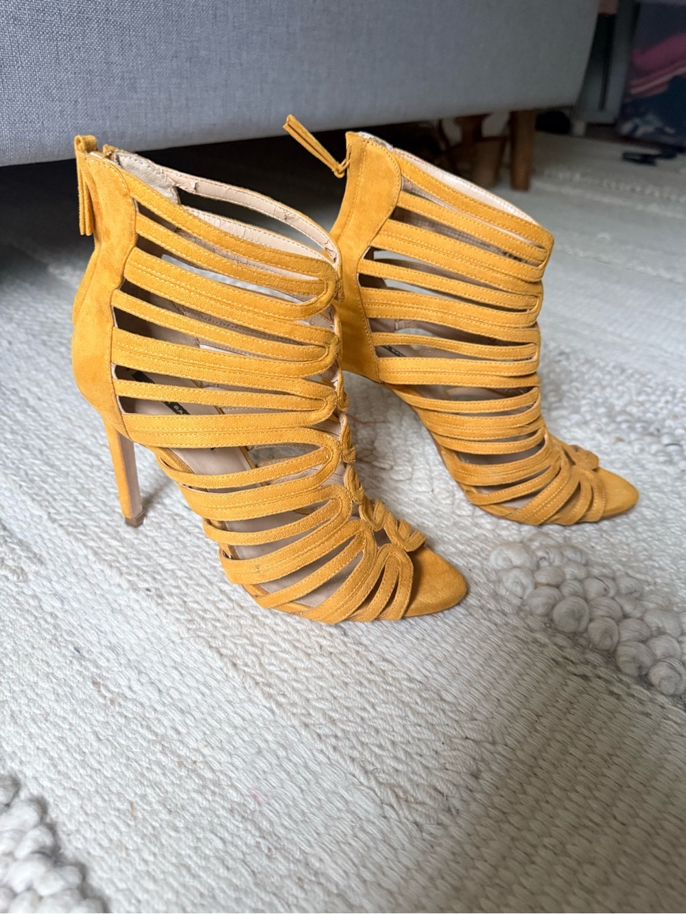 EUC - ZARA Strappy High Heel Booties in Mustard Yellow - size US 7 or EU 38
